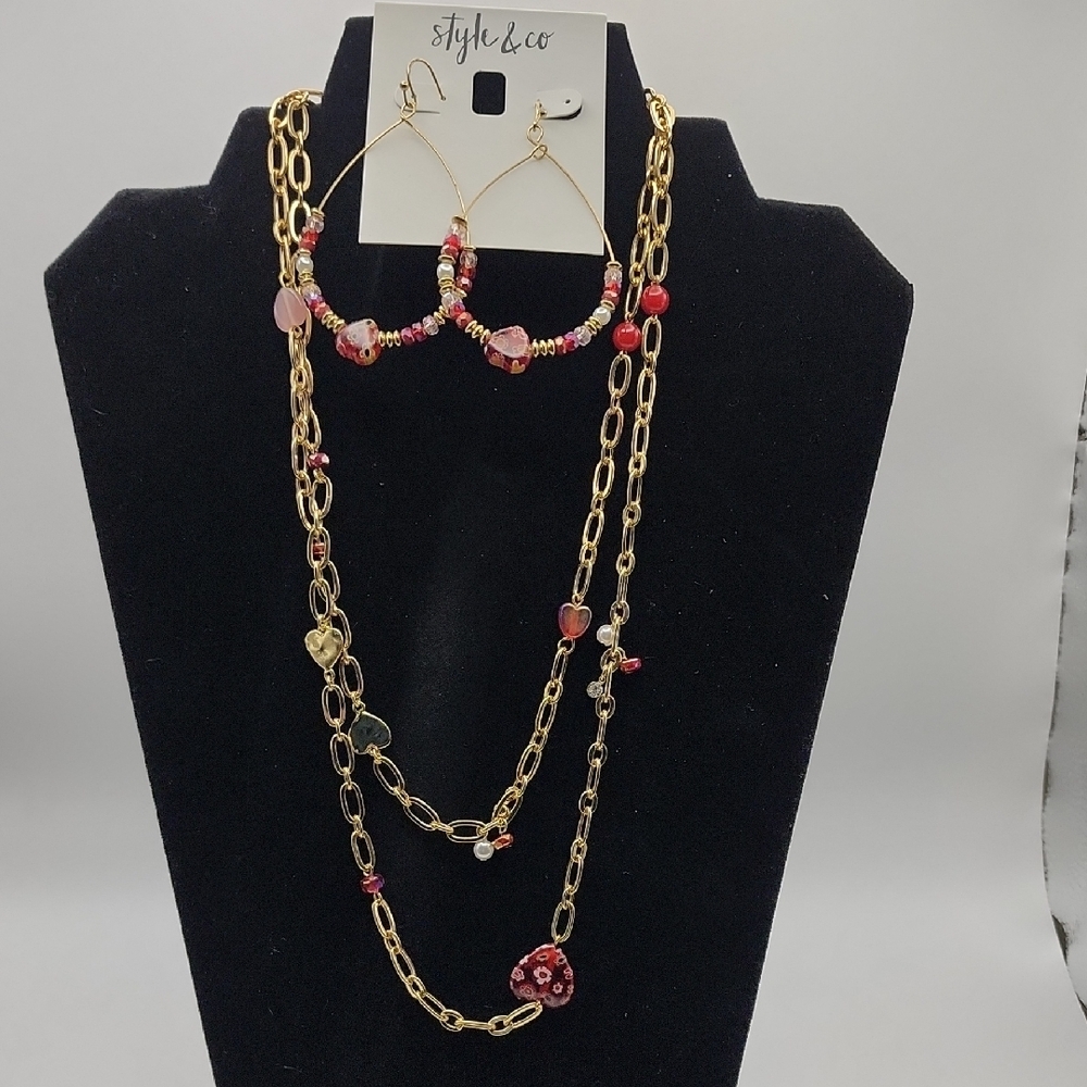 Style & Co. Gold and Red Beaded Necklace Set